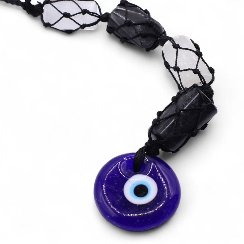 Hanging Stone Pendant - Black Tourmaline & Selonite Tumble- Evil Eye