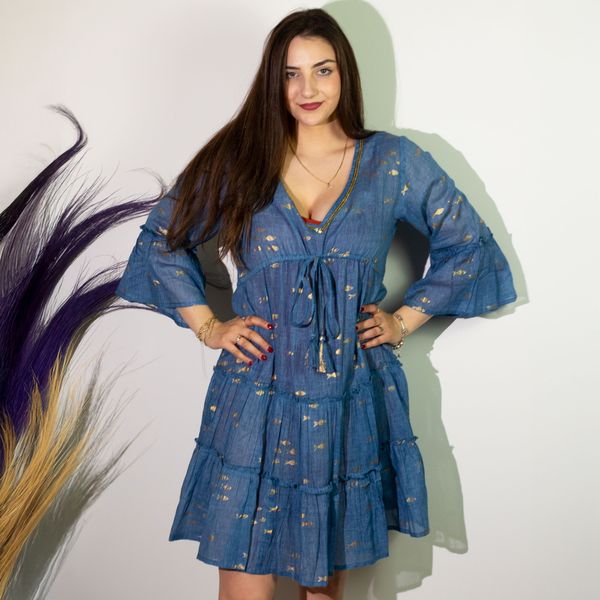 Nomad Sari Klänning M/L - Havsblå Design med Fiskar i Guld