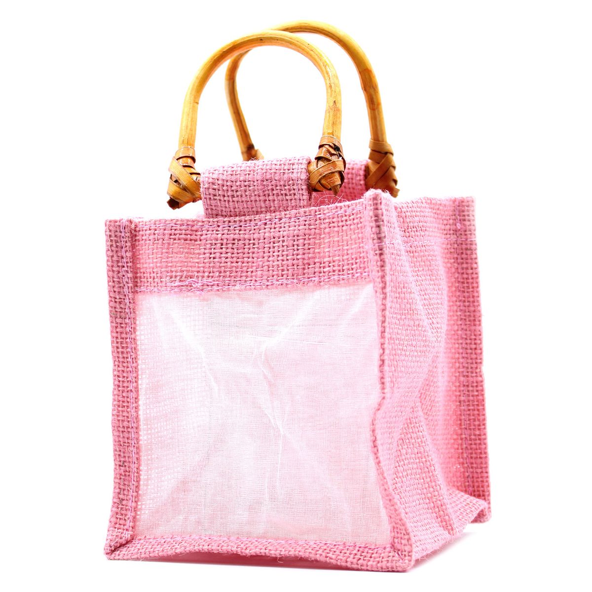Saco de presente de juta pura e algodão com janela - 1 janela em rosa
