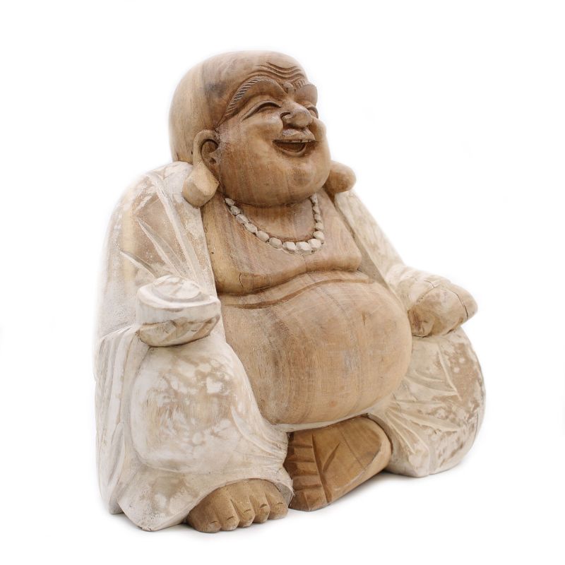 Statue de Bouddha Sculptée à la Main - 30cm Heureux - Blanchi