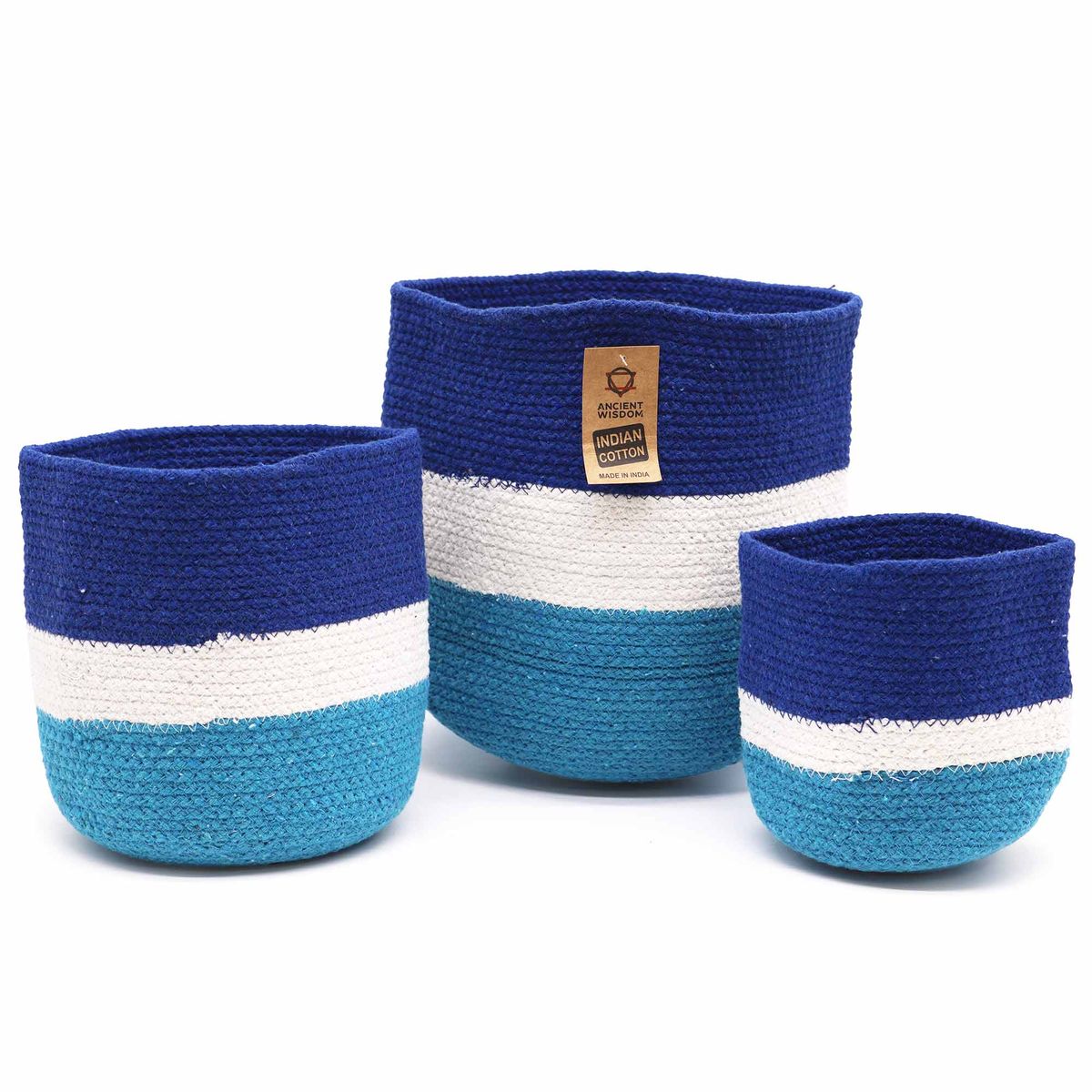 Conjunto de 3 cestos de corda de juta com olho gordo - 15 cm / 20 cm / 25 cm