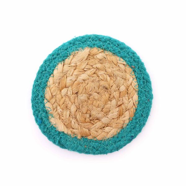 Base para copos natural - Juta e Algodão 10cm (conjunto de 4) - Azul