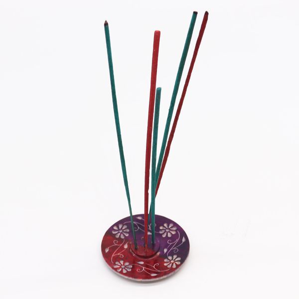Porte-encens en pierre à savon Disque 8 cm - Floral (porte 5 bâtonnets)