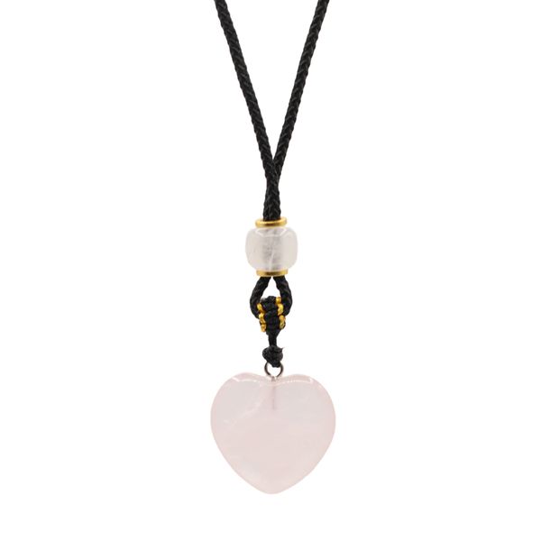 Collar de cuerda con colgante de piedra preciosa - corazón de cuarzo rosa