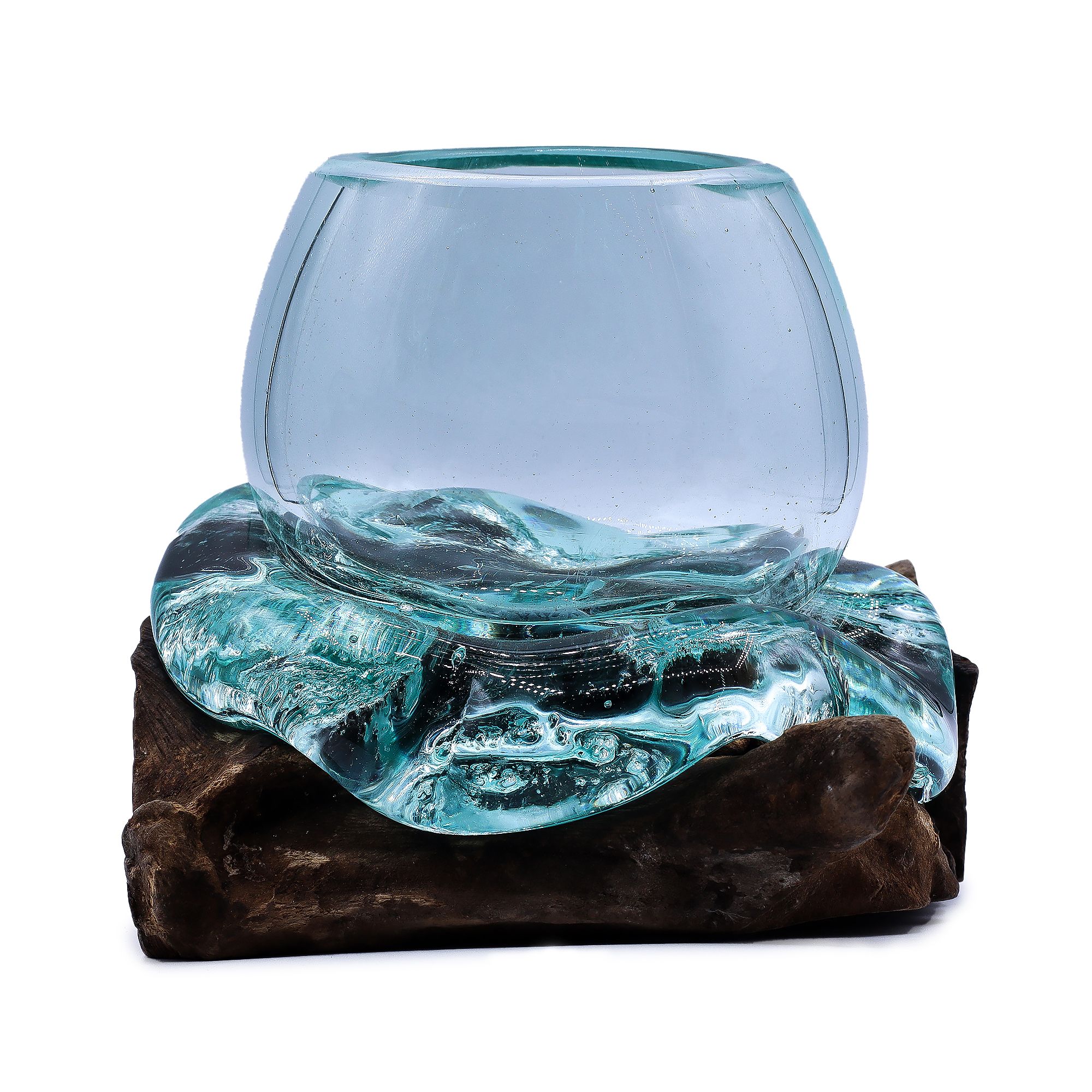 Molten Glass Mini Goldfish Bowl on Wood 20cm