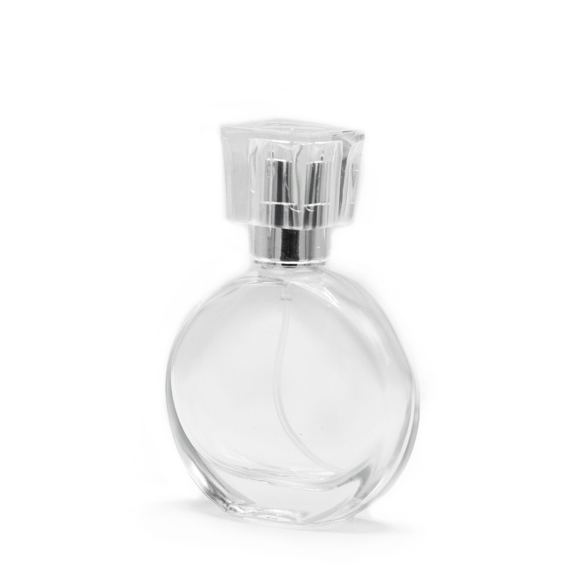 Frasco oval de 30 ml, pulverizador prateado e tampa de vidro