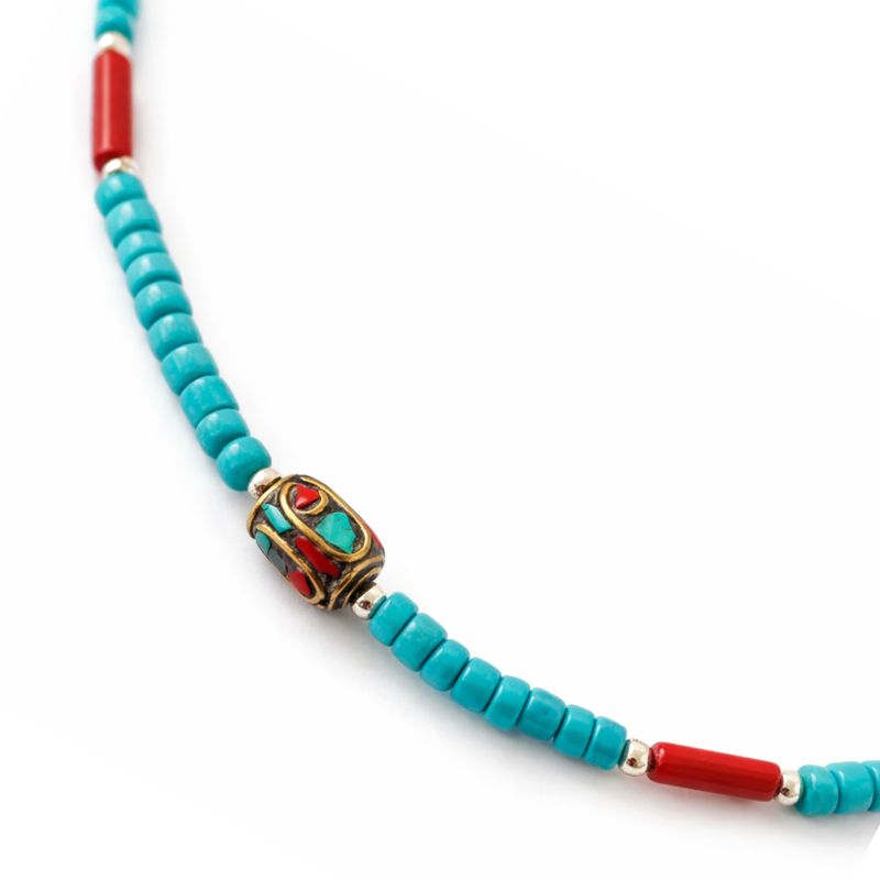 Conjunto de Colar e Pulseira de Pedras Preciosas Extrafinas do Nepal Tribal - Turquesa & Coralito