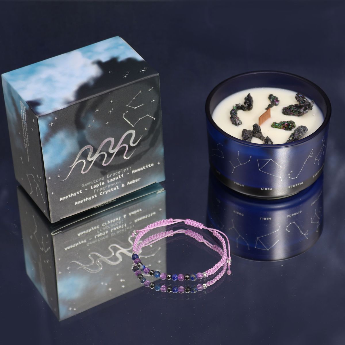 Vela de cristal do zodíaco com pulseira de pedras preciosas - Aquário
