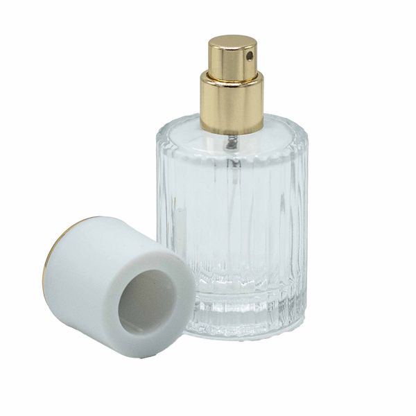 Blanc plat - Flacon rond nervuré de 30 ml, vaporisateur et bouchon