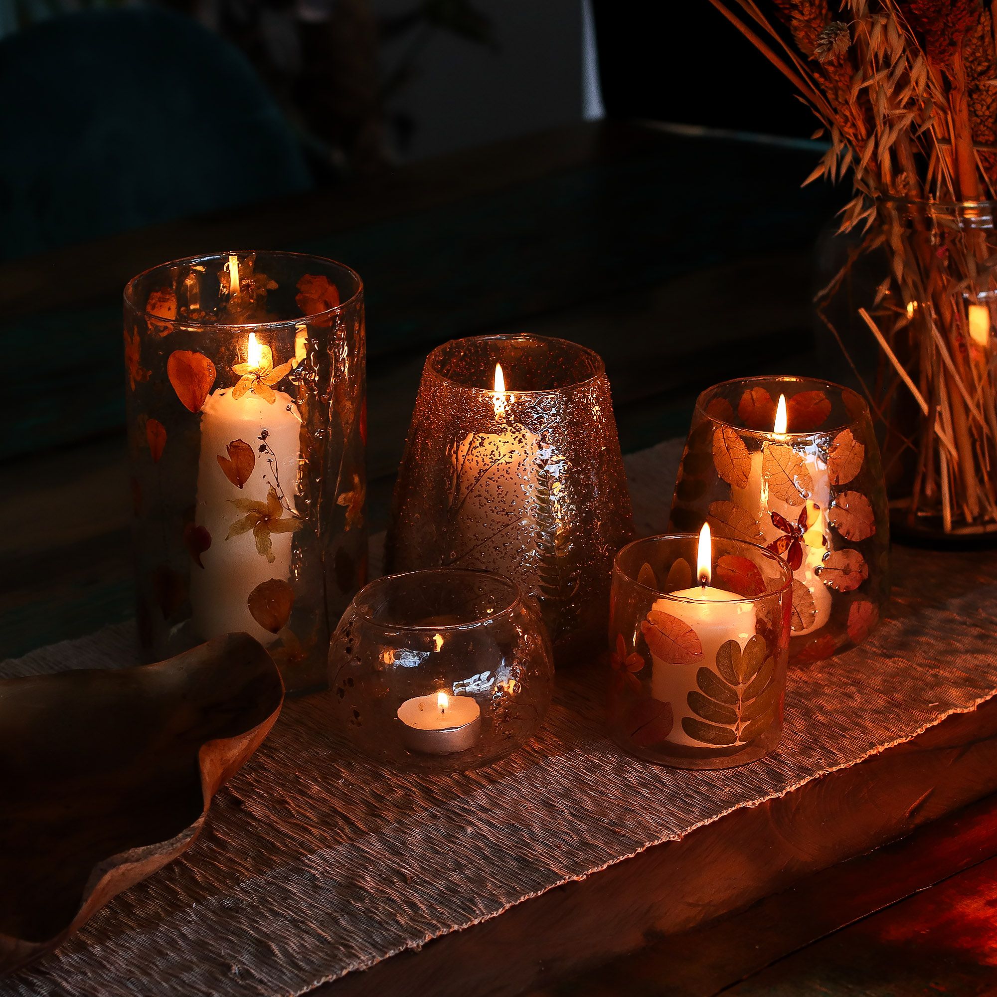 Recycled Glass Large Bowl Candle Holder - Rosa - Pressed Flowers - 12x13cm