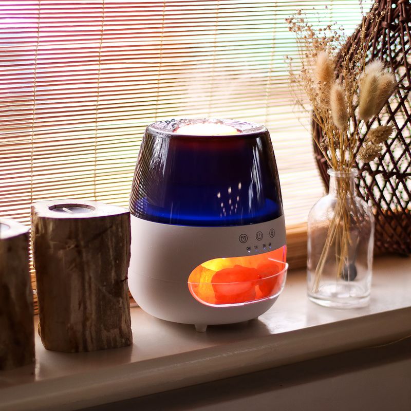 Diffuseur d'Aromes En Pierre De Sel Effet Flamme Avec Sons d'Oiseaux - Blanc USB - Changement De Couleur Avec Minuteur