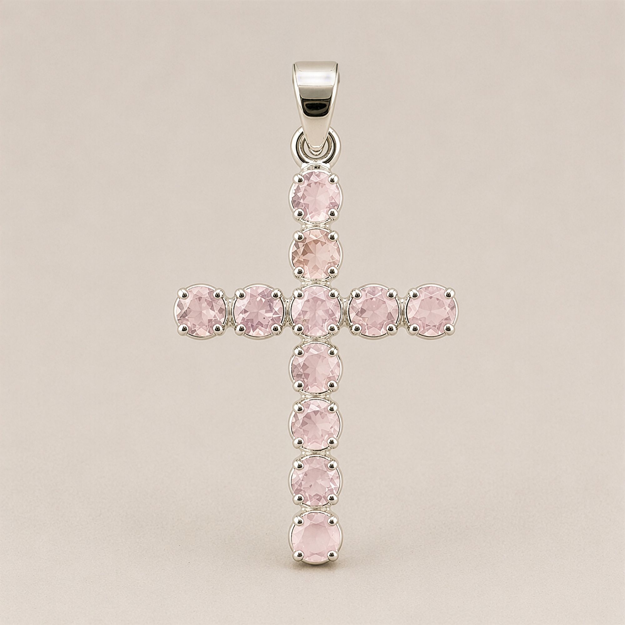 Colgante devocional de la India - Chapado en plata (cadena de 45 cm) - Crucifijo de cuarzo rosa
