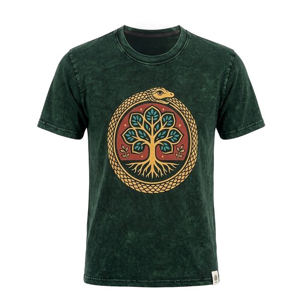 Nomad Sari Camiseta de algodón lavado a piedra - Árbol de la Vida - Verde - Pequeño
