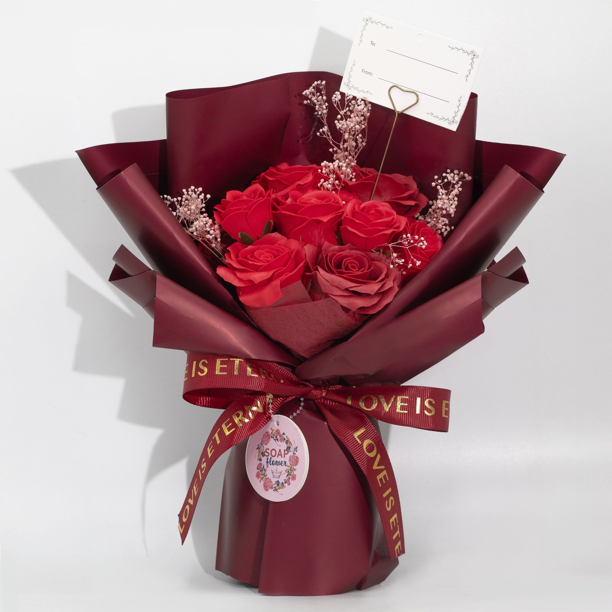 Large Red Soap Roses Bouquet - Love is Eternal - With Gift Card & Heart Holder