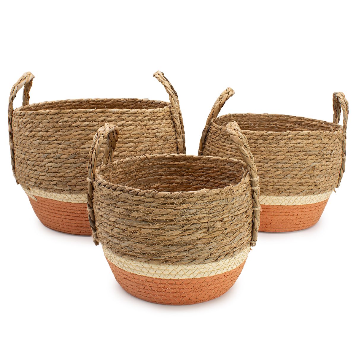 Cestos grandes de palha e erva marinha - Natural e laranja - Conjunto de 3