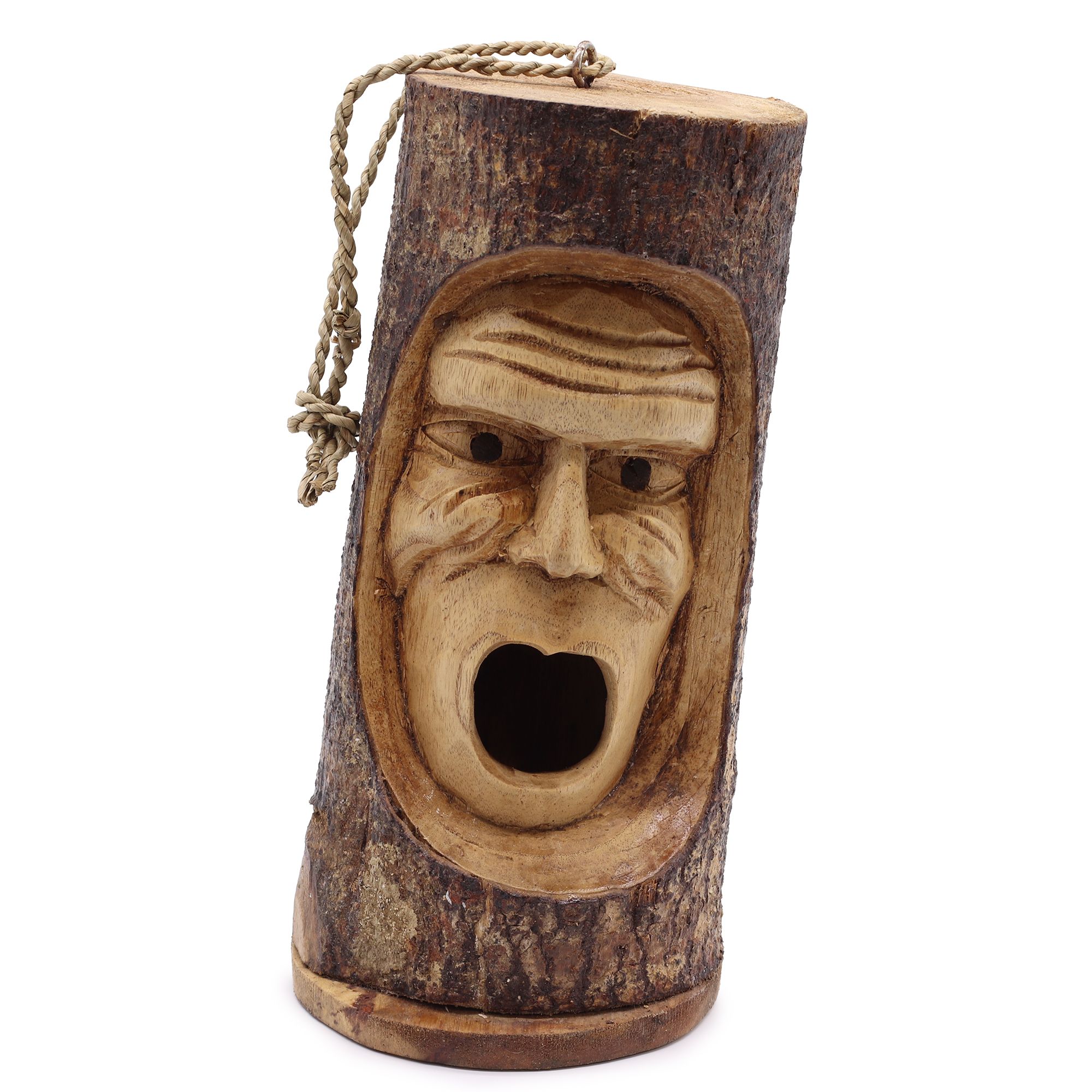 Hand-Carved Tree Trunk Bird House - Grumpy Old Man Face - Rustic Garden Ornament