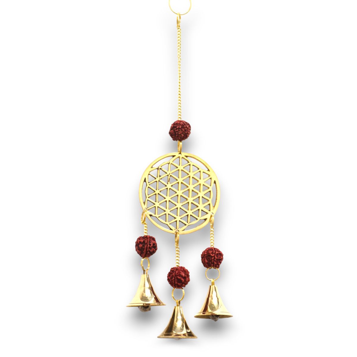 Sinos Indianos - Flor da Vida em Latão com Contas de Rudraksha - 3 Sinos - 6x27cm