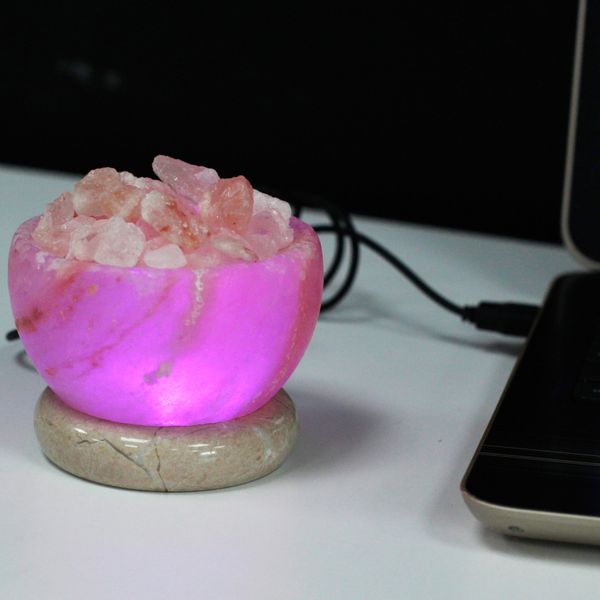 Соляна Лампа USB - Чаша зі Шматками Солі - Багатокольорове Світло