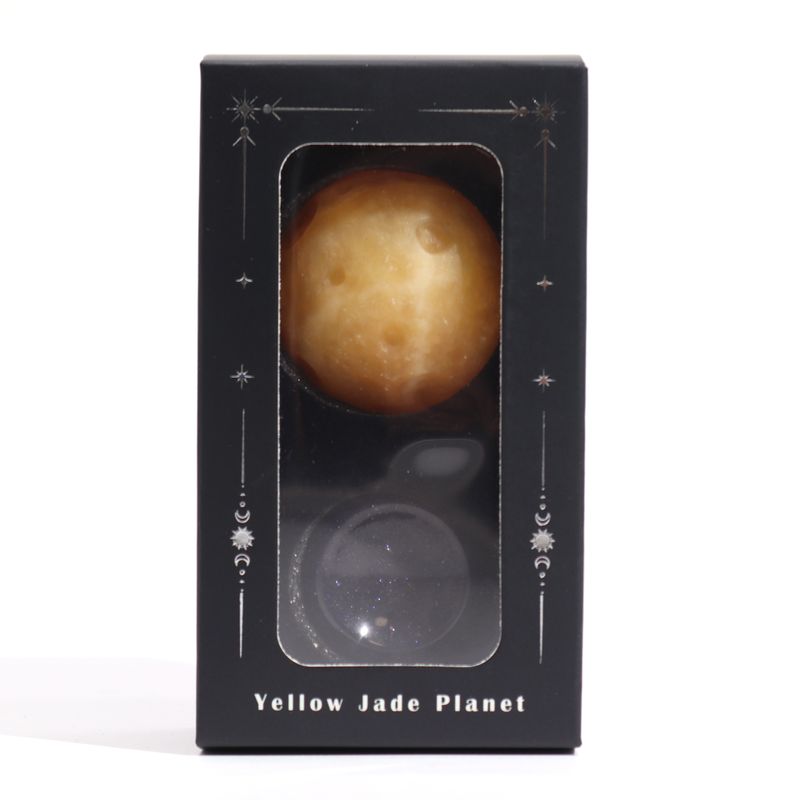 Planète en Jade Jaune socle Goldstone Pierre de soleil