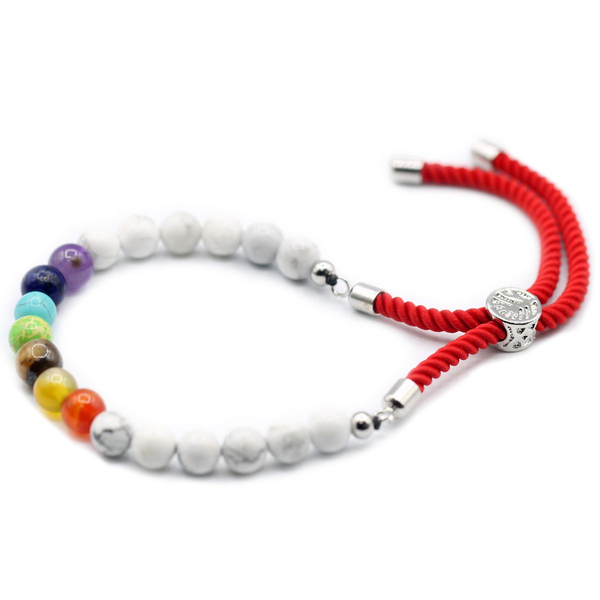 Pulseira de fio vermelho com caulita branca e chakras