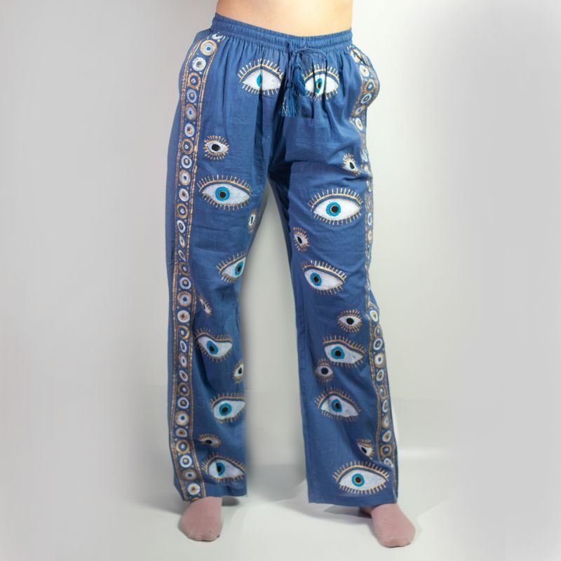 (ML) Nomad Sari  - Lounge Pants - Rich Blue & Gold Hand Painted Evil Eye Design