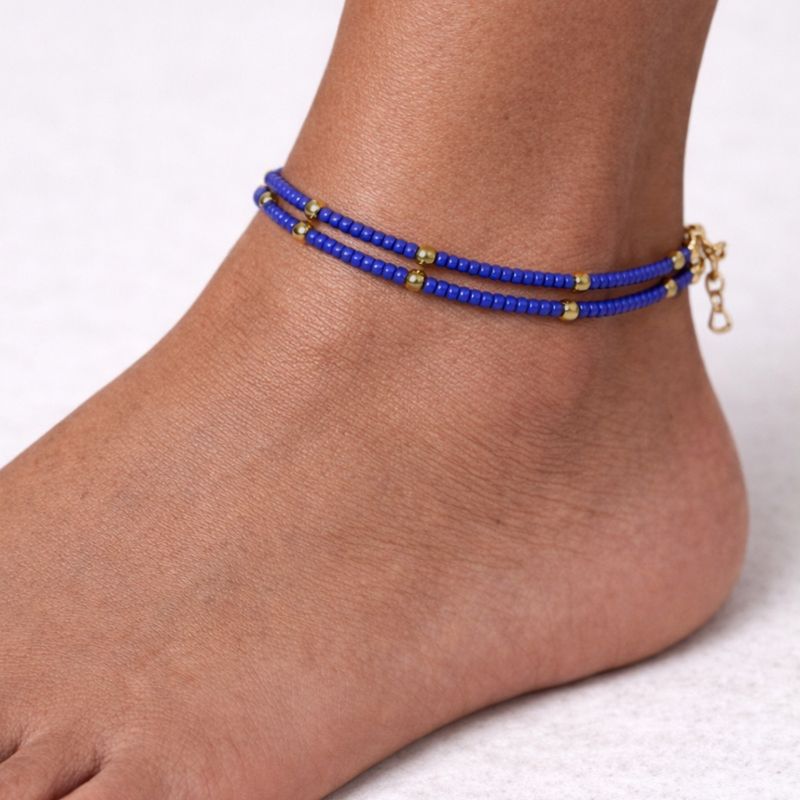 Feine nepalesische Doppellinien-Fußkette mit Lapislazuli- und Messingperlenverzierung - (22 cm)