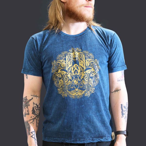 Large Stone Washed Teashirt - Hamsa - Blue