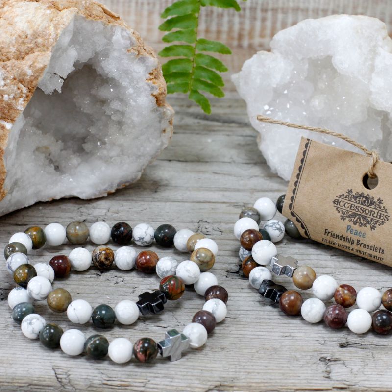 Set of 2 Gemstones Friendship Bracelets - Piece - Picasso Jasper & White Howlite