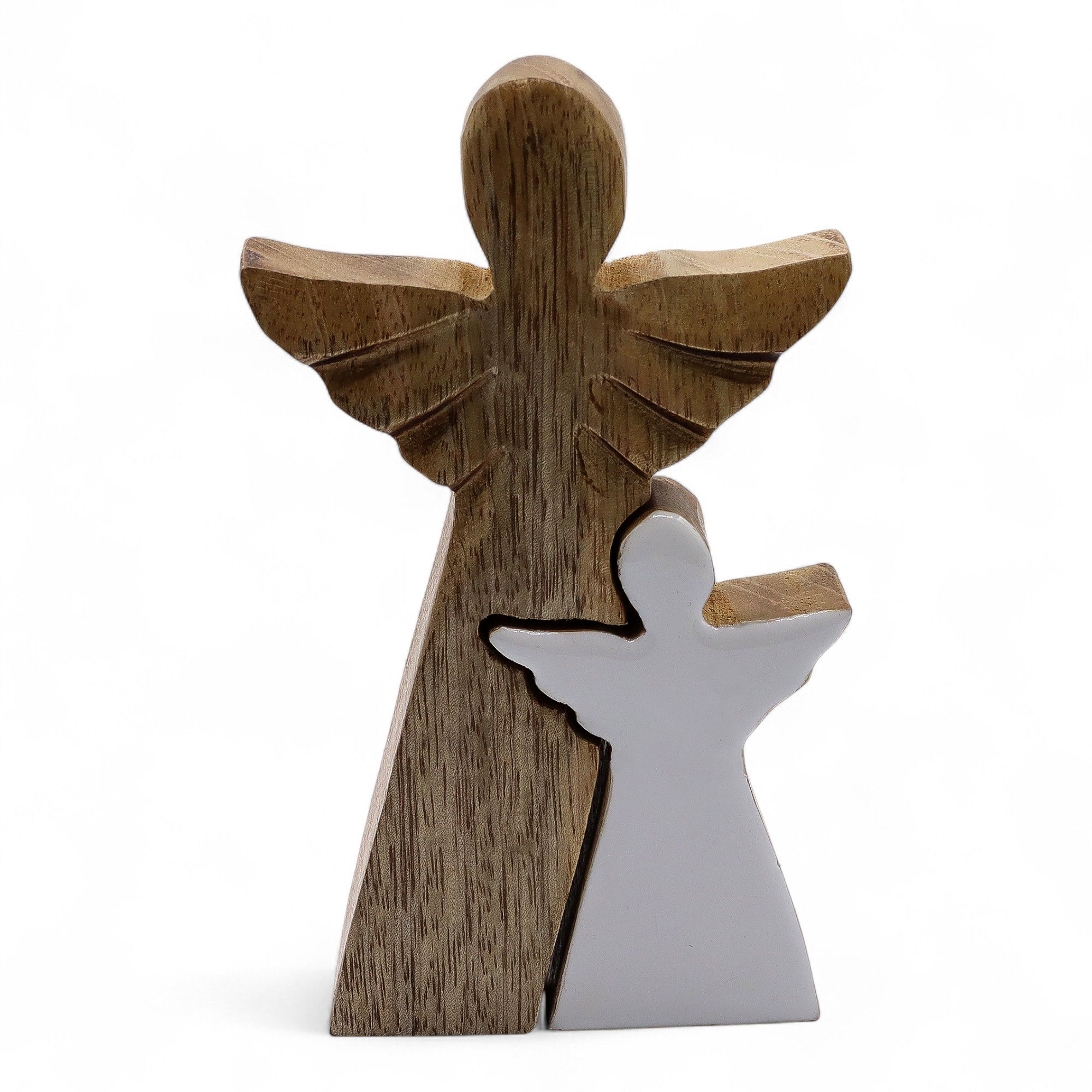 Mango Wood Double Angel Figurine - White Enamel