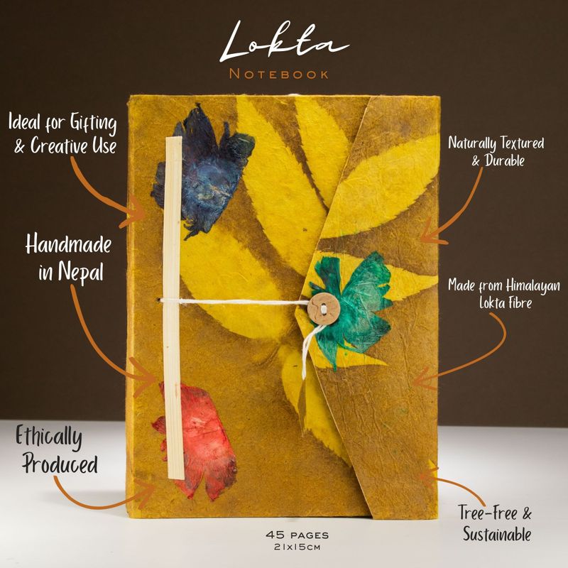 Lrg Lokta Bold Floral Notebook (21x15cm) - 45 leafs - inc bookmark - Mustard Brown