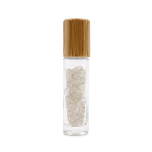 Bouteille Roll-On d'Huile Essentielle avec Gemme - Quartz de Roche - Bouchon en Bois