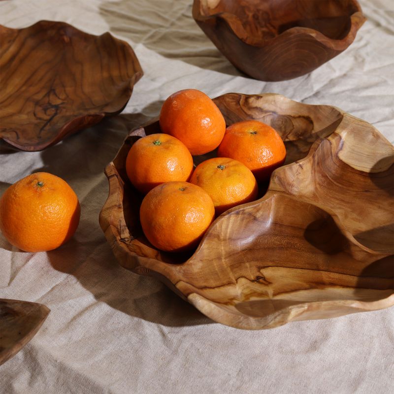 Bol à fruits rond et lisse en bois de teck à trois compartiments - 30x5,5cm