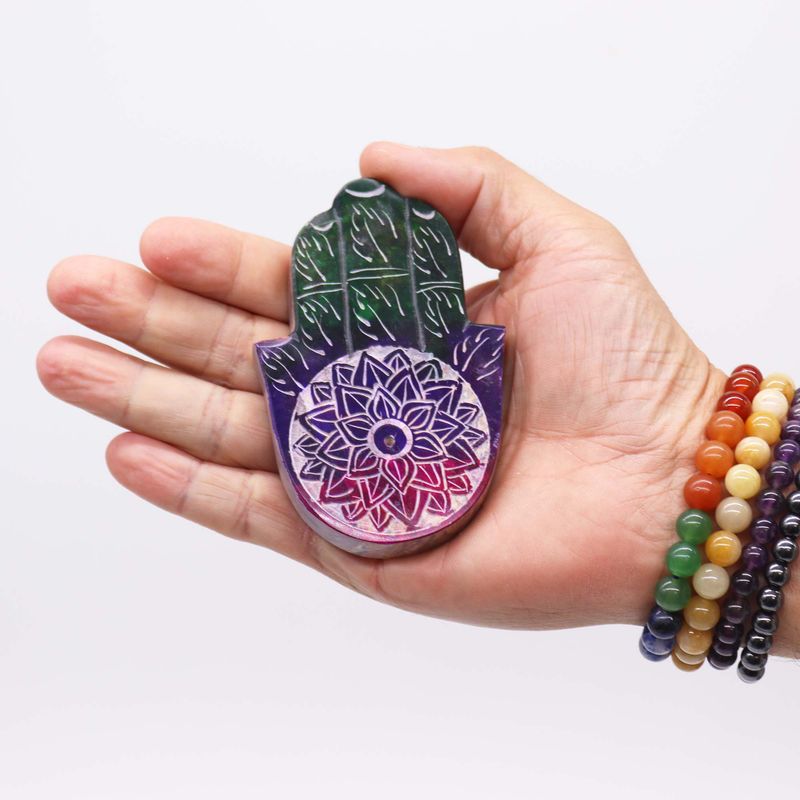 Porte-encens en pierre à savon Hamsa 9x6 cm - Fleur de Lotus