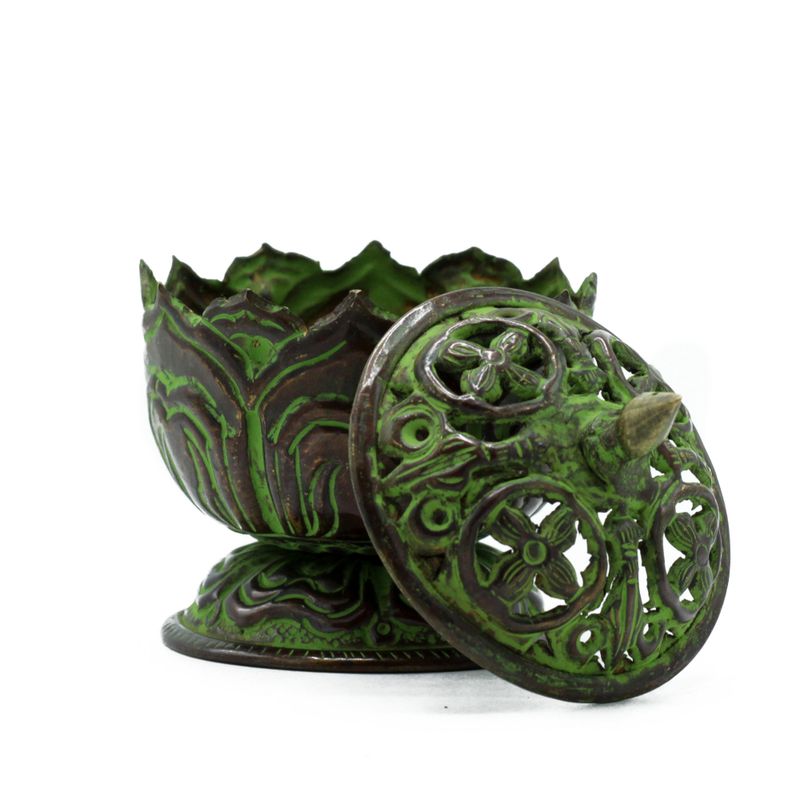 Brûleur d'encens tibétain Verdigris en laiton - Petit Lotus