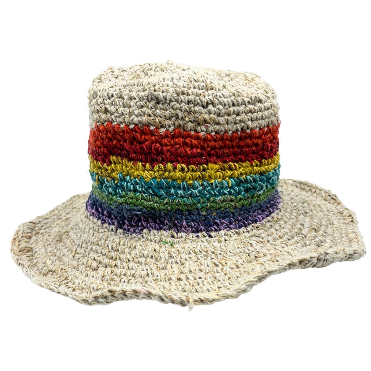 Chapéu boho de festival em cânhamo e algodão tecido à mão - Arco-íris