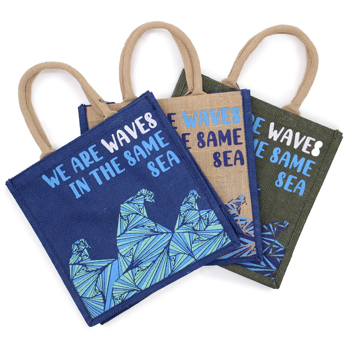 Saco de juta estampado - Somos Ondas - Cinza, Azul e Natural