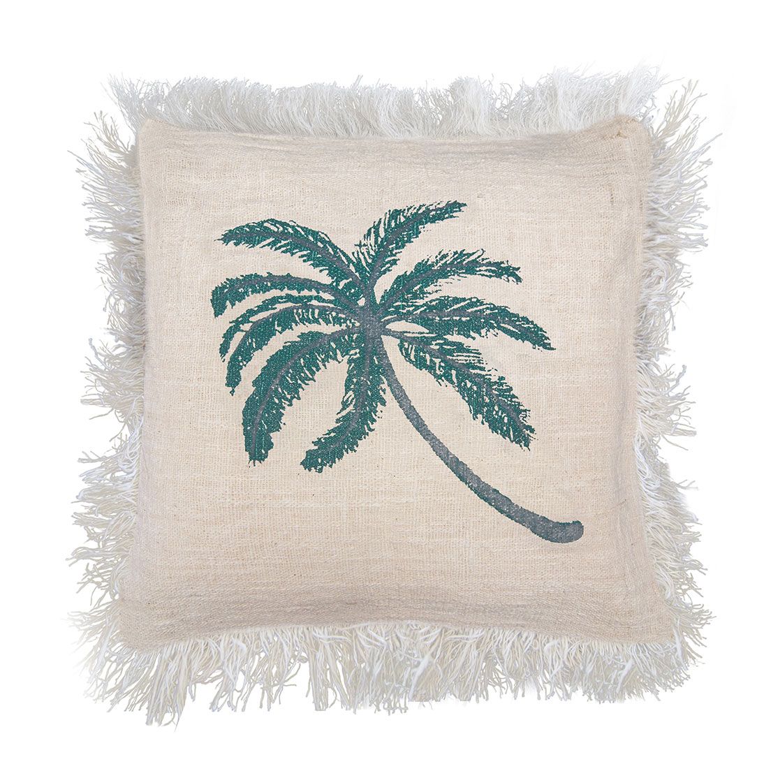 Capa de almofada de linho 45x45 com palmeira e franjas