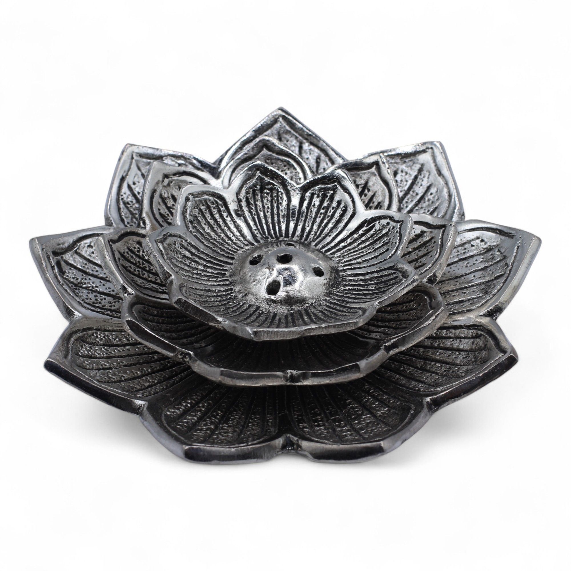 Aluminium Tri-Flower Lotus Incense Holder with Ash Catcher - 10x10cm