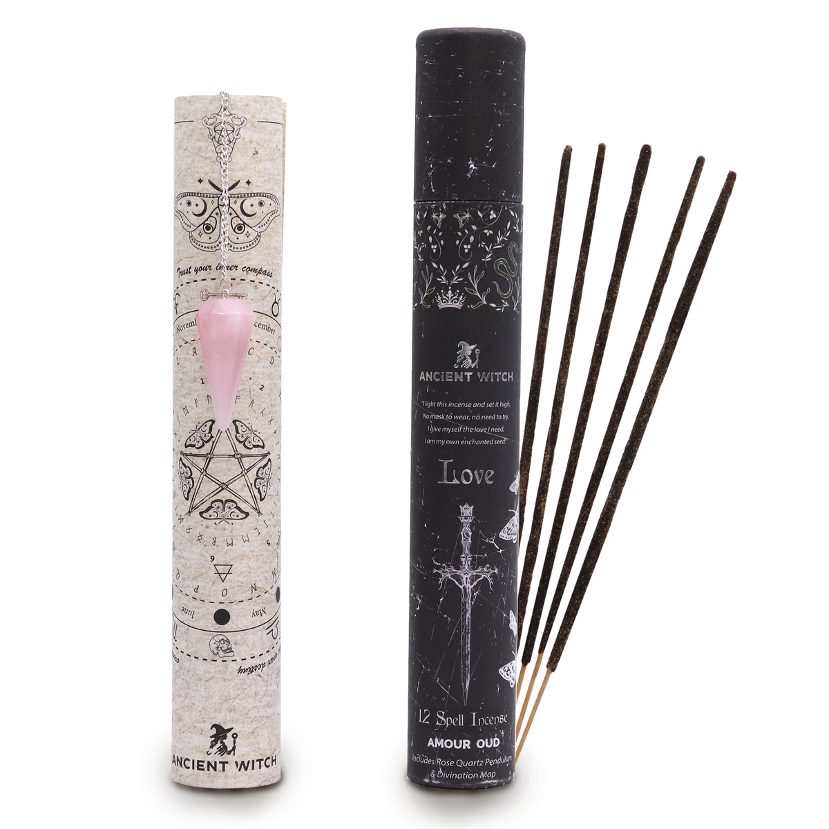Incenso antigo para feitiços de bruxas - Amor - Pêndulo de quartzo rosa