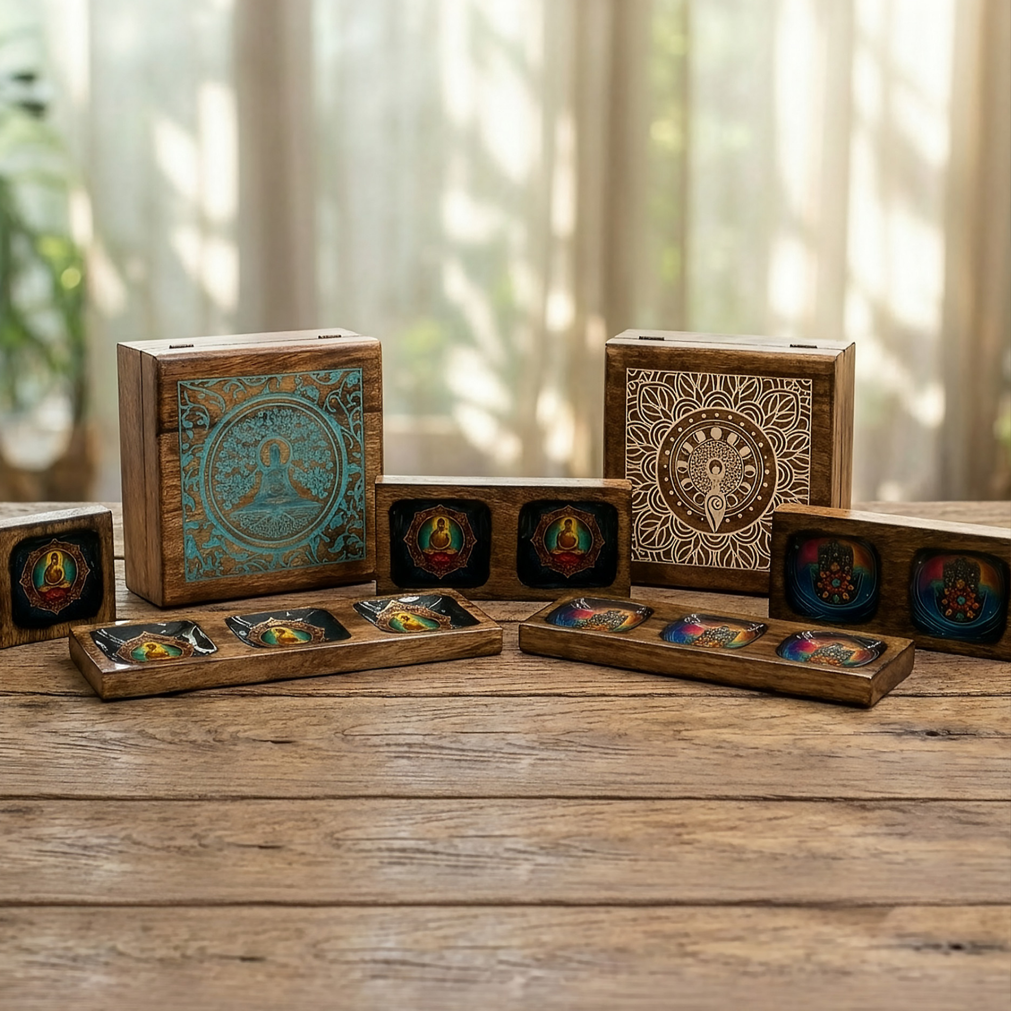 Cajas y Bandejas de Madera Hamsa & Buda