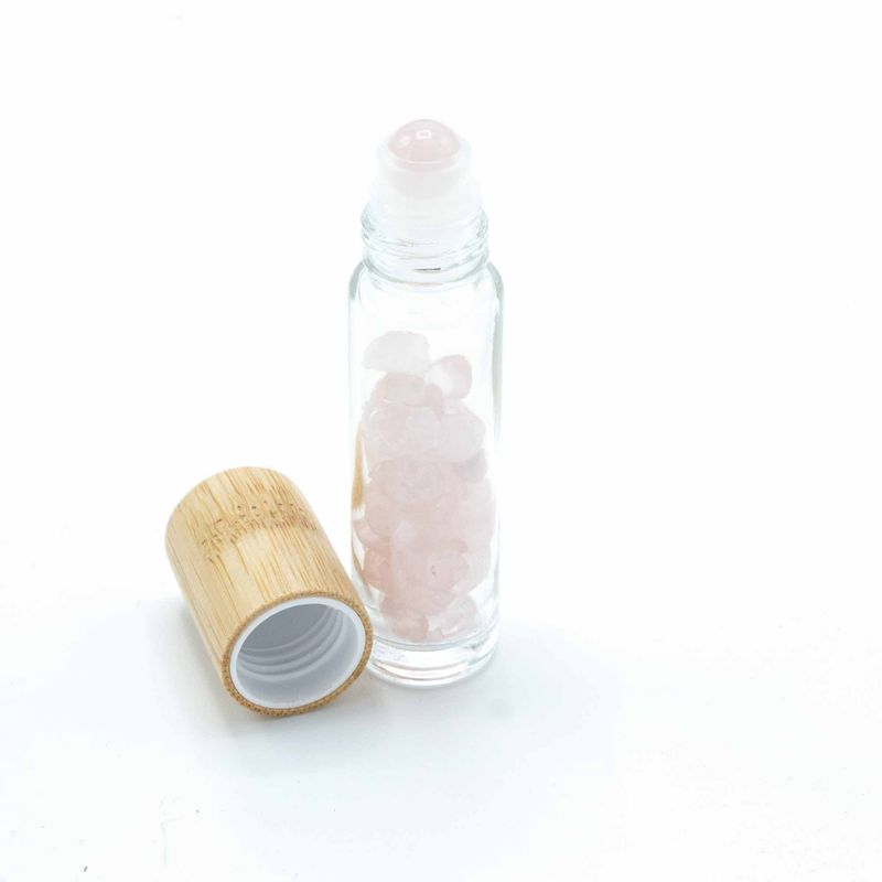 Bouteille Roll-On d'Huile Essentielle avec Gemme - Quartz Rose - Bouchon en Bois