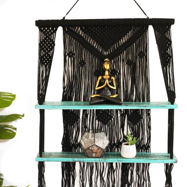 Étagères Suspendues en Macramé Noir - Turquoise