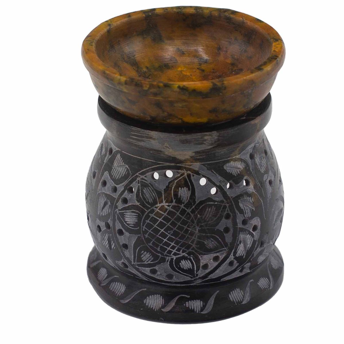 Queimador de óleo de esteatita 10 cm - Flor de mandala - Preto e amarelo