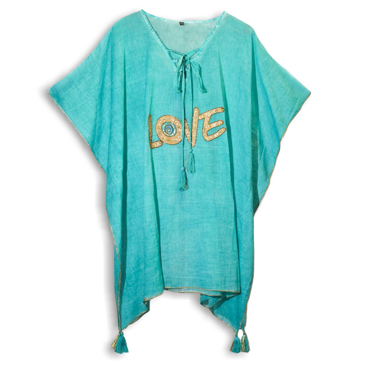 Coleção Nómada Sari Mediterrâneo - Kaftan - Desenho de Coração em Turquesa e Dourado