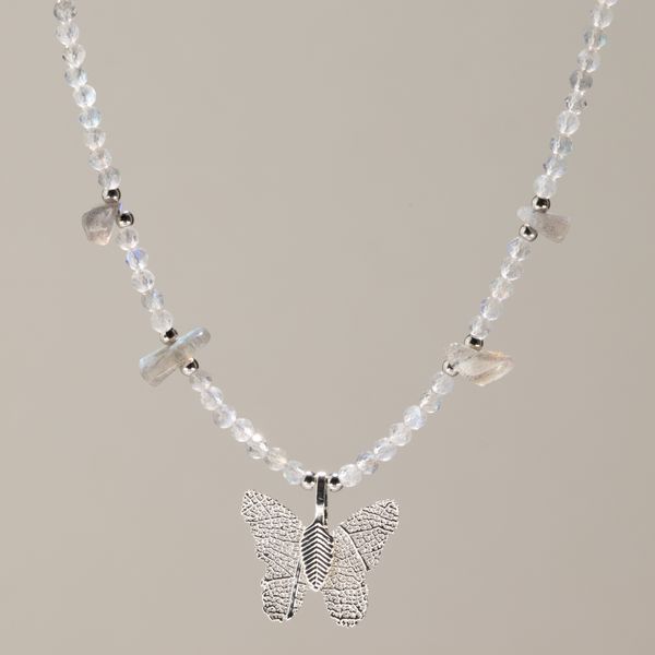 Nymph Labradorite Gemstone Necklace with Real Leaf Butterfly Pendant