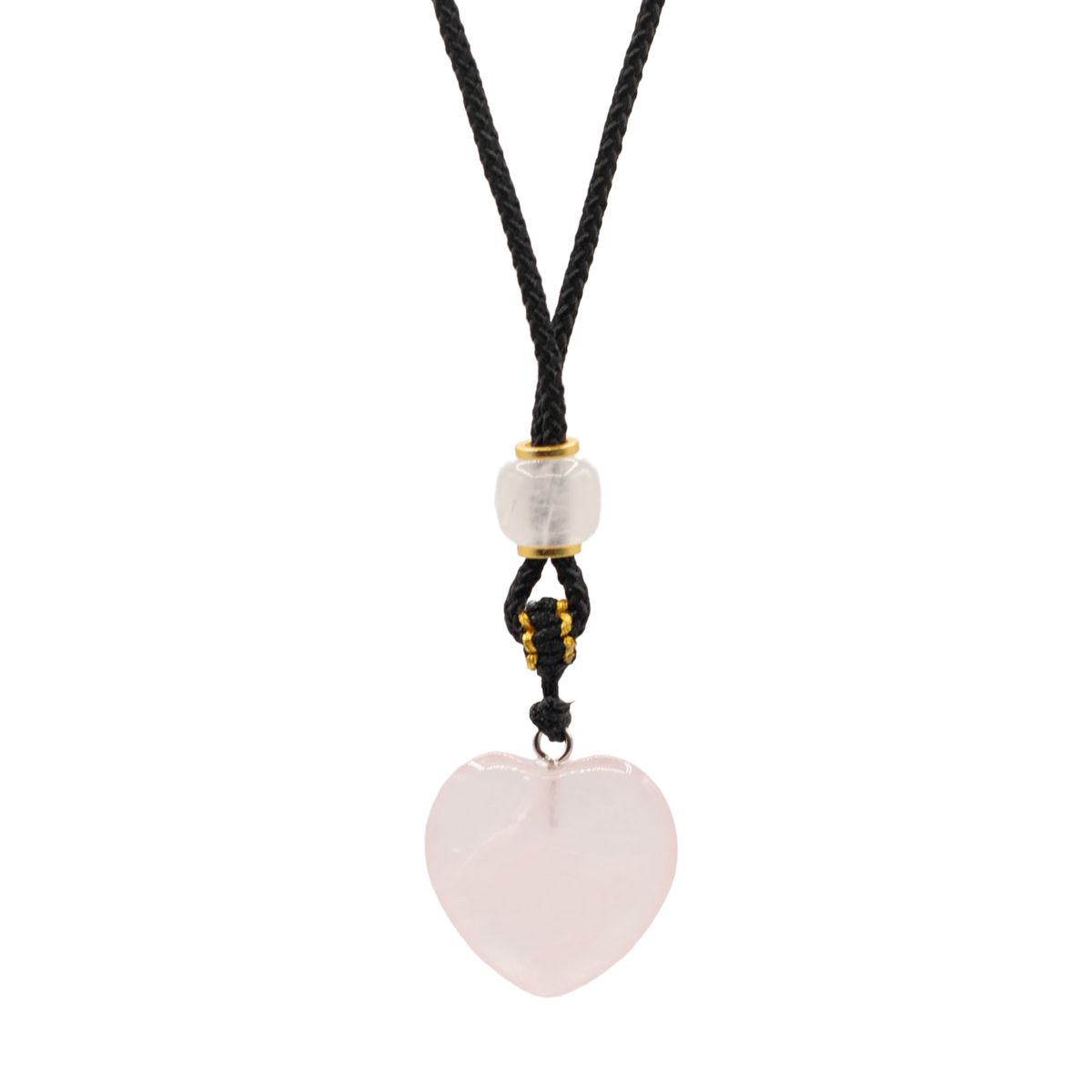 Colar de cordão com pendente de pedra preciosa - coração de quartzo rosa