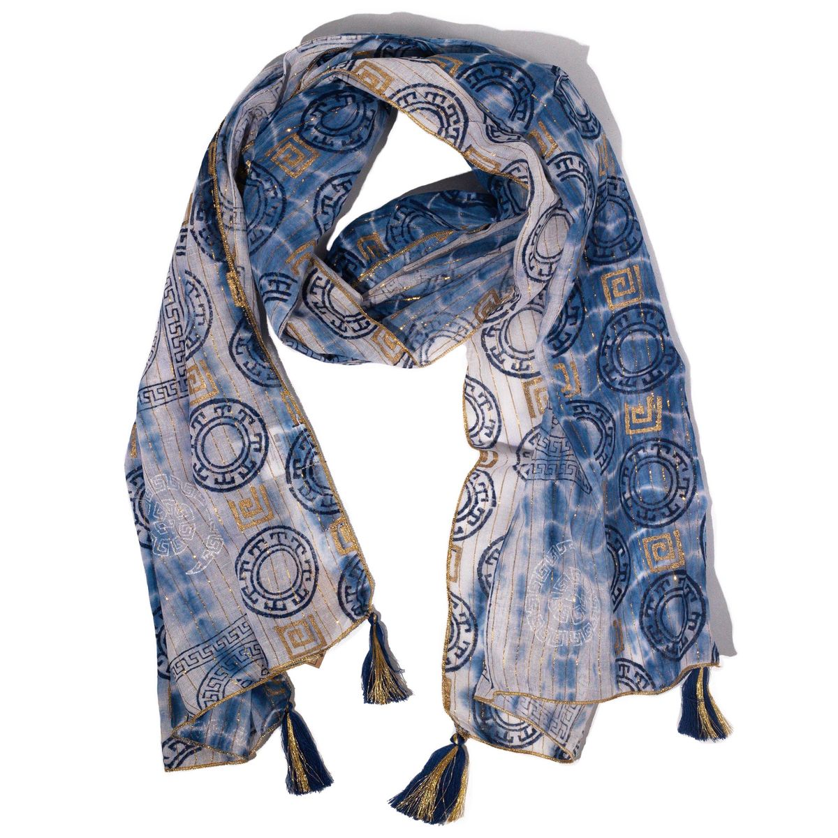 Nomad Sari Lenço estampado Marbella pro verão – Azul com dourado (180x50cm)
