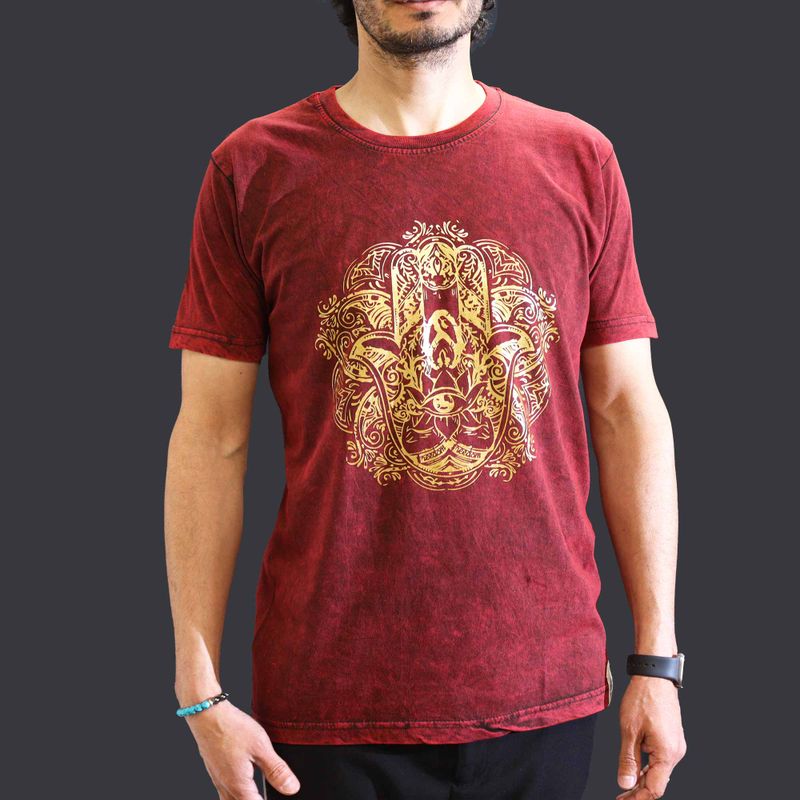 Nomad Sari Stonewashed Cotton T-Shirt – Hamsa – Maroon – Medium