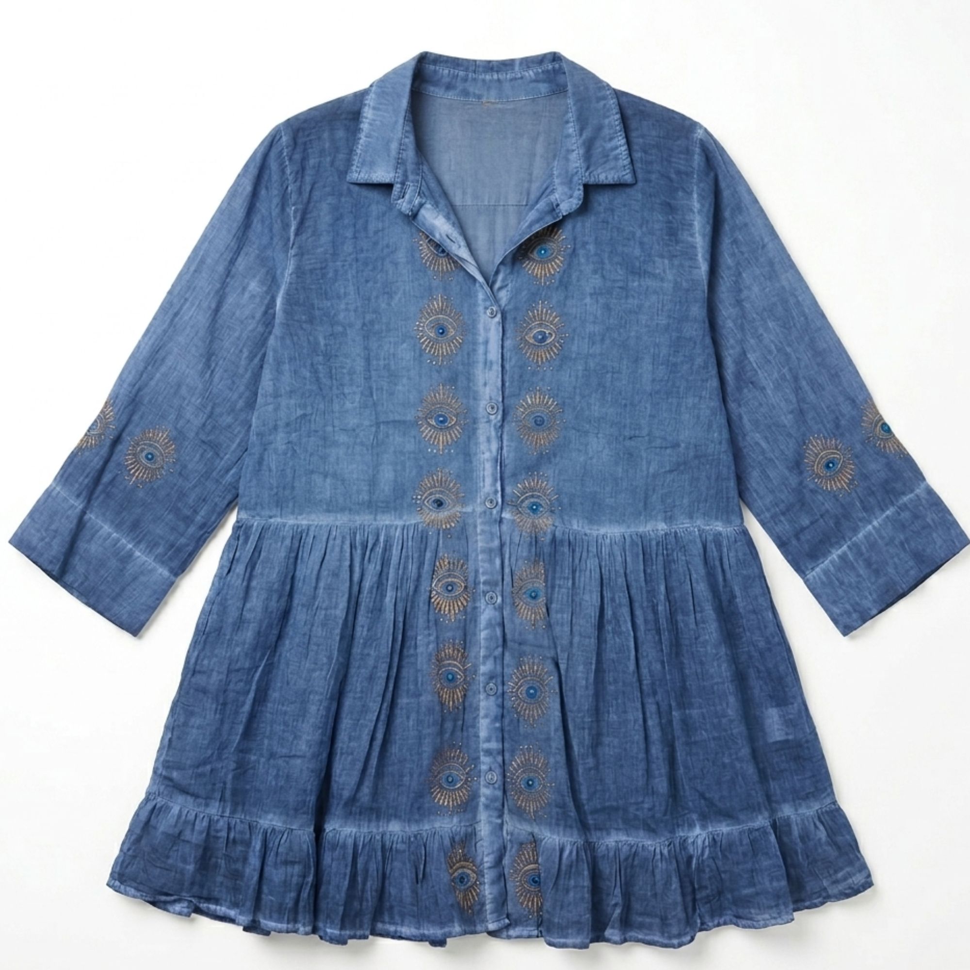 Nomad Sari da coleção Med - Vestido túnica - azul escuro com estampado em bloco de olho turco (L-XL)