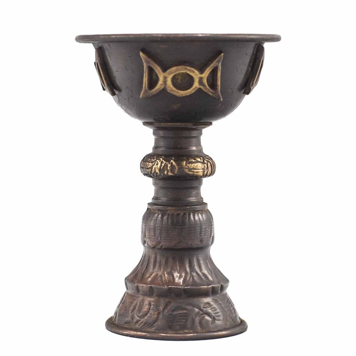 Taça ritual de cobre antigo com lua tripla 8x13 cm